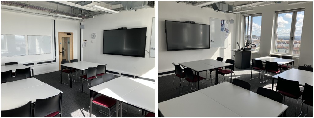 Classroom with groups of tables and chairs.